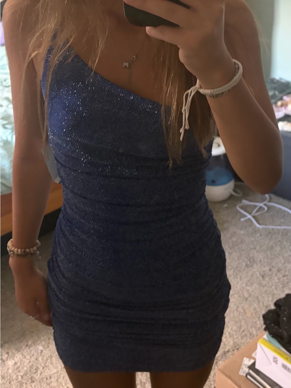 Crystal Doll One-Shoulder Ruched Sparkle Dress - Blue